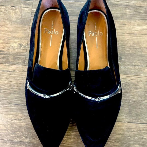 Paolo Linea Black Suede loafers with silver buckles size 9 pointed toes - Picture 1 of 6